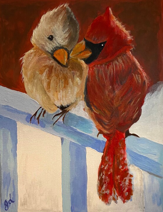 Painting titled "Two Cardinals in Wi…" by Judydcreates, Original Artwork, Acrylic