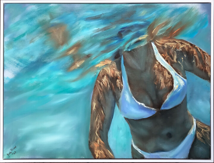 Painting titled "White Bikini" by Judy Rioux, Original Artwork, Oil