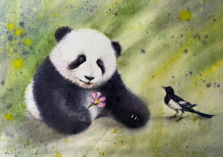 Картина под названием "panda" - Jue Wang, Подлинное произведение искусства, Акварель