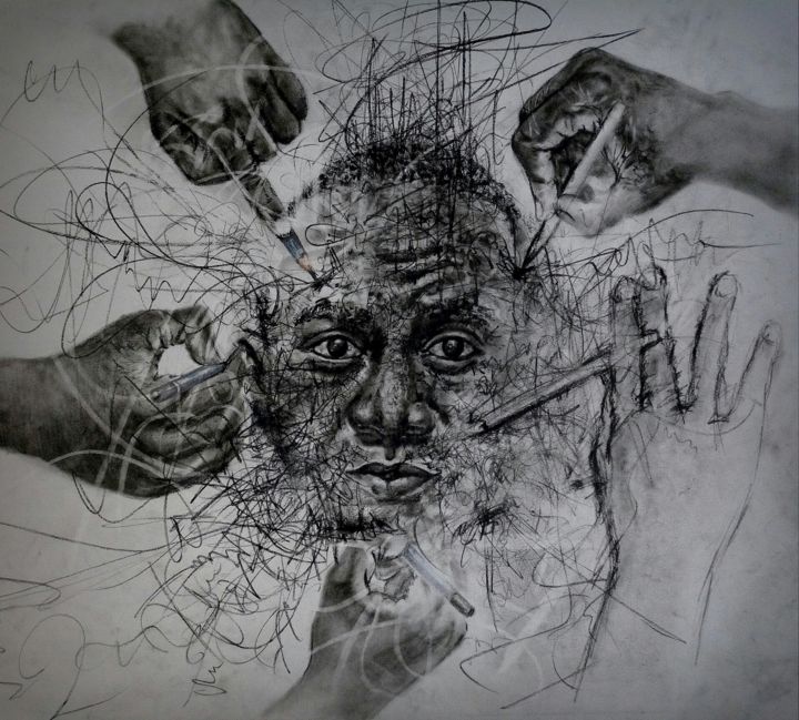 Drawing titled "Bit by bit" by Juelz Tintin, Original Artwork, Charcoal