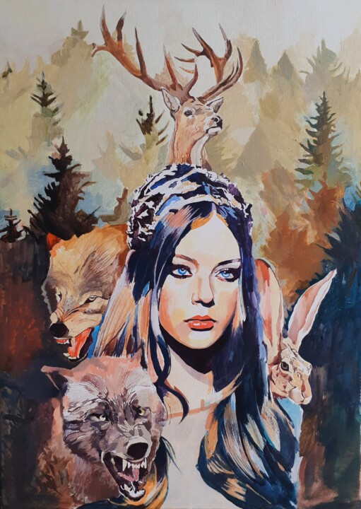 Painting titled "Queen of the wild" by Laszlo Juhasz, Original Artwork, Acrylic Mounted on Wood Stretcher frame