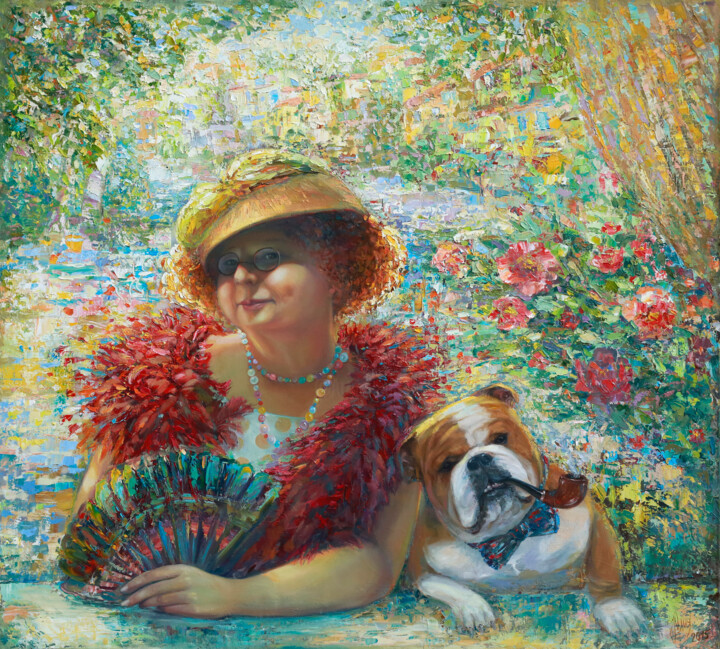 Painting titled "Дама с собачкой" by Julia Abramoshvili, Original Artwork, Oil