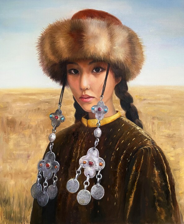 Painting titled "Steppe beauty" by Julia Abramoshvili, Original Artwork, Oil Mounted on Wood Stretcher frame
