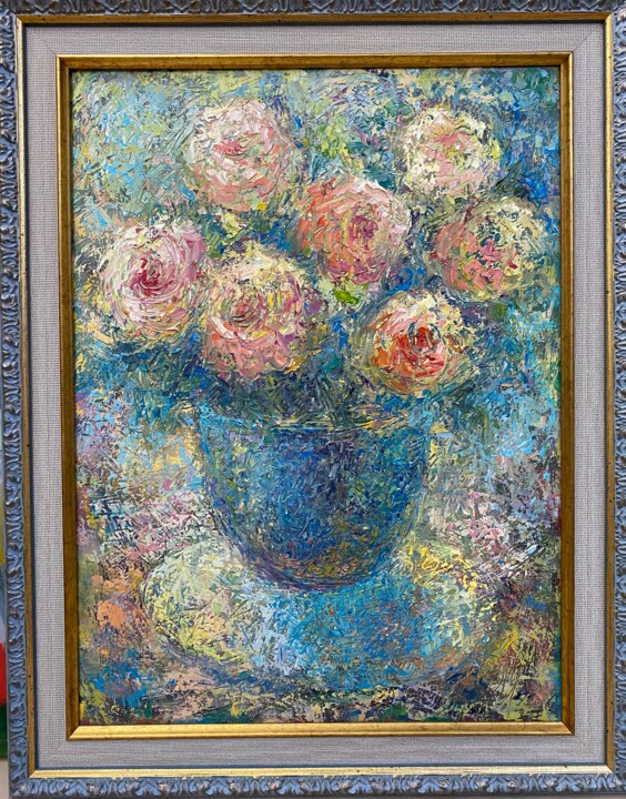 Painting titled "Delicate bouquet of…" by Julia Abramoshvili, Original Artwork, Oil Mounted on Wood Stretcher frame