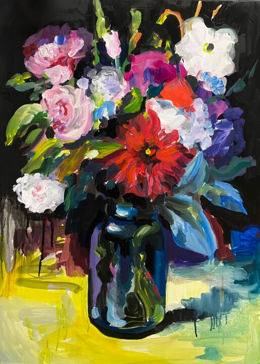 Painting titled "Flowers in a jar" by Julia Abramoshvili, Original Artwork, Acrylic Mounted on Wood Stretcher frame