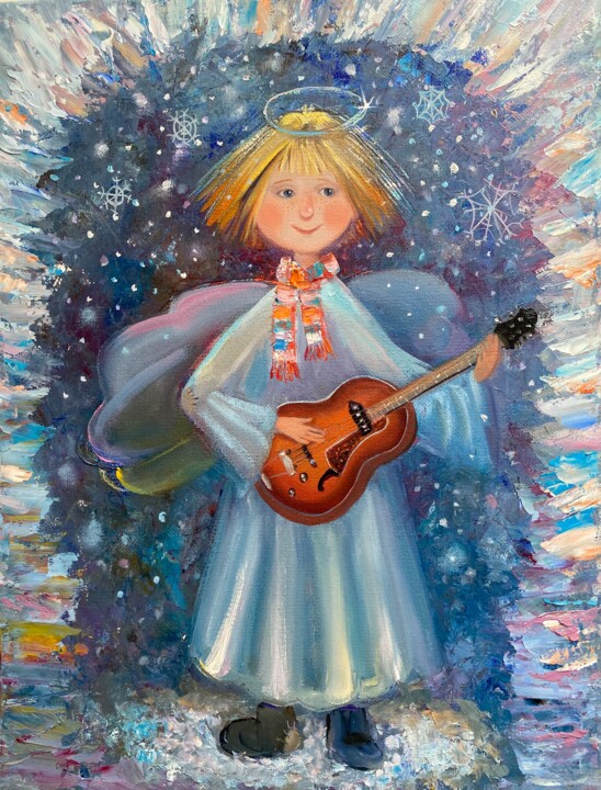 Painting titled "Ange du nouvel an" by Julia Abramoshvili, Original Artwork, Oil Mounted on artwork_cat.