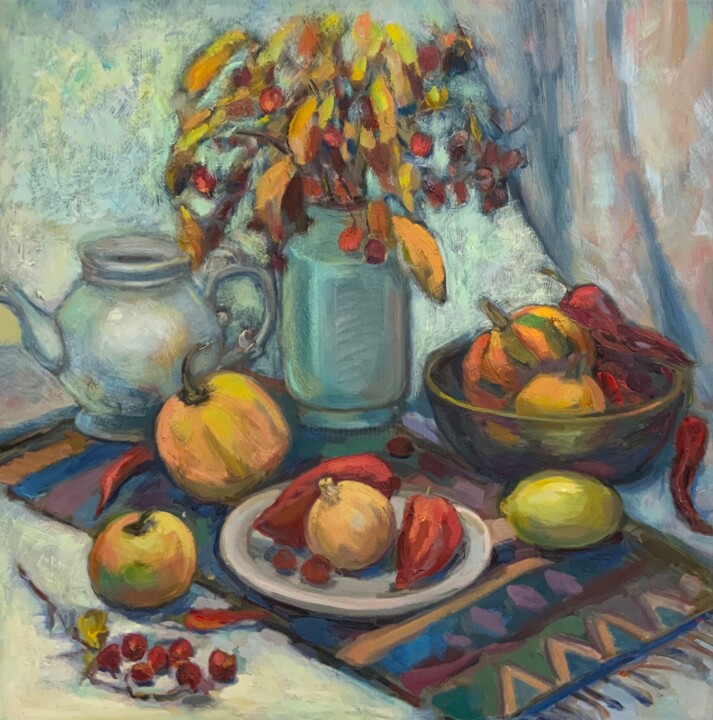 Painting titled "rustic still life" by Julia Abramoshvili, Original Artwork, Oil