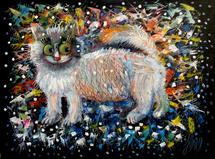 Painting titled "Snow cat" by Julia Abramoshvili, Original Artwork, Oil Mounted on Wood Stretcher frame