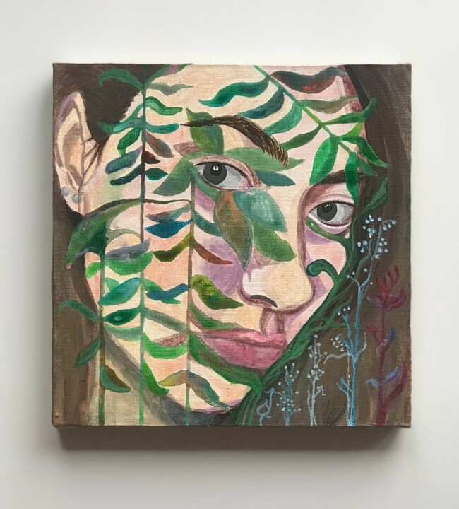 Painting titled "Я прячусь. Автопорт…" by Julia Bakhareva, Original Artwork, Acrylic Mounted on Wood Stretcher frame
