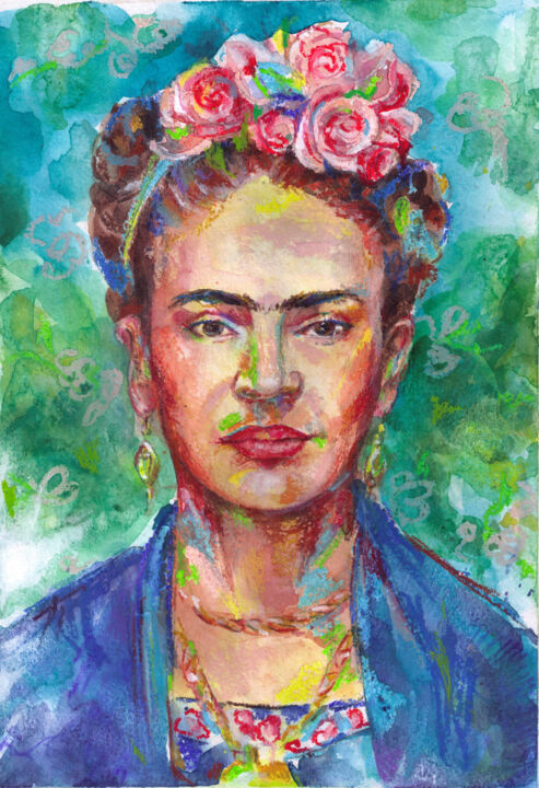 Malerei mit dem Titel "Frida Kahlo" von Julia Fomina, Original-Kunstwerk, Aquarell