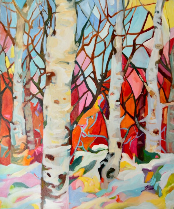 Painting titled "Birches.Singing tre…" by Julia Hacker, Original Artwork, Oil Mounted on Wood Stretcher frame