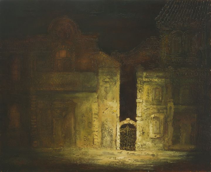 Картина под названием "Тайны ночного город…" - Julia Kudina, Подлинное произведение искусства, Масло
