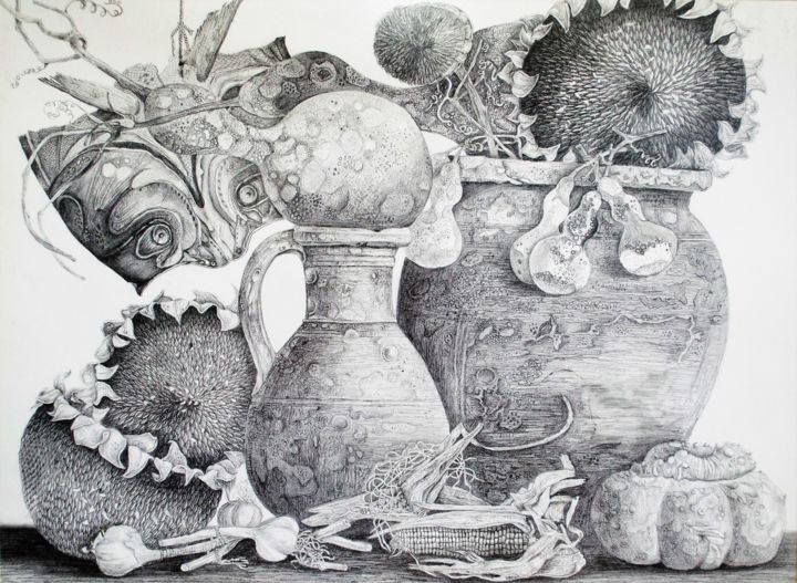 Картина под названием "Кубанский натюрморт…" - Julia Kudina, Подлинное произведение искусства, Карандаш
