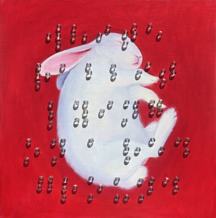 Painting titled "White rabbit lying…" by Julia Kuzina, Original Artwork, Oil