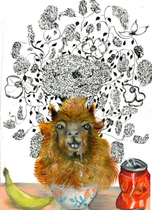 Peinture intitulée "Tête de lama en fle…" par Julia Le Corre, Œuvre d'art originale, Encre
