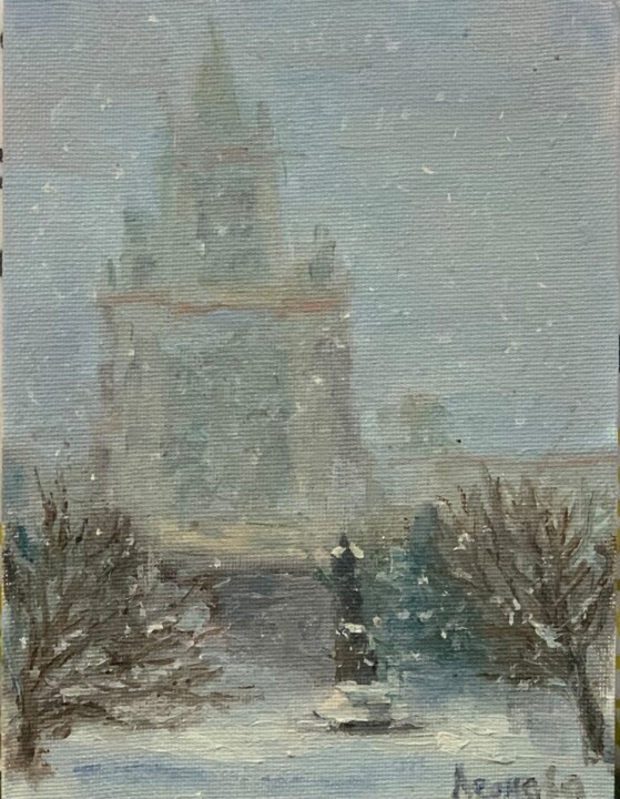 Картина под названием "МГУ. Снегопад / Lom…" - Julia Leo, Подлинное произведение искусства, Масло
