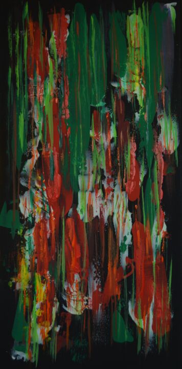 Painting titled "Vertical. Green Red…" by Julia Leon, Original Artwork, Acrylic Mounted on Wood Stretcher frame