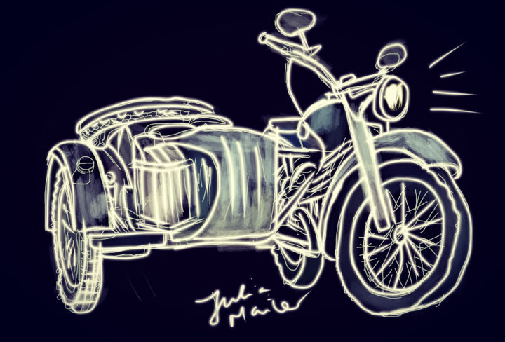 Digital Arts titled "Retro Motorrad" by Julia Maier, Original Artwork, Digital Painting