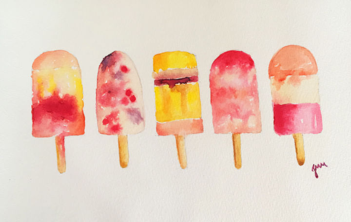 Schilderij getiteld "Yummy Popsicles Wat…" door Julia Martinez, Origineel Kunstwerk, Aquarel