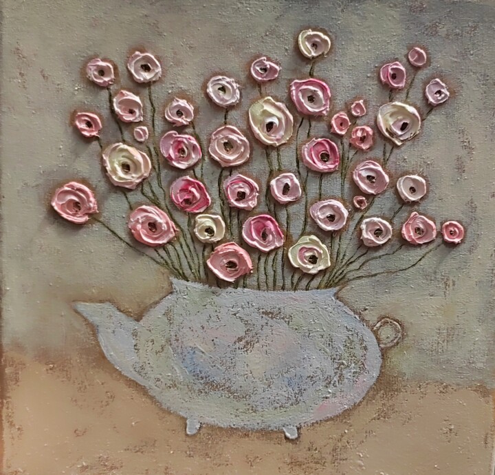 Painting titled "Pink roses 3d paint…" by Julia Ozerova, Original Artwork, Oil Mounted on Wood Stretcher frame