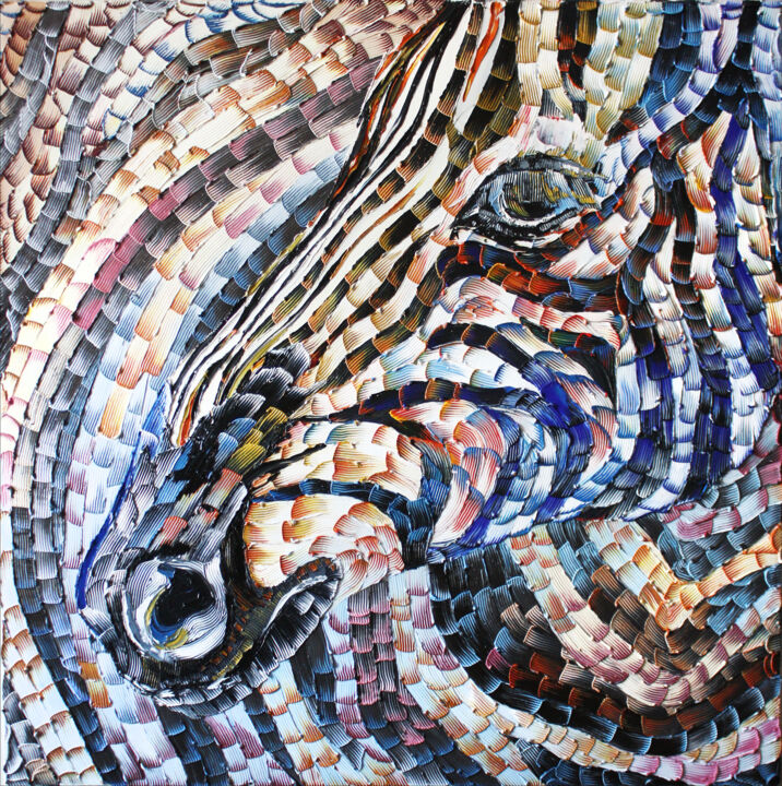 Painting titled "Zebra#1" by Julia Ptl, Original Artwork, Oil Mounted on Wood Stretcher frame