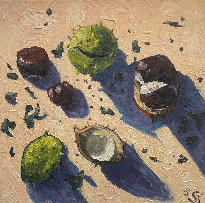 Pintura titulada "Chestnut fruit _2" por Julia Sahno, Obra de arte original, Oleo