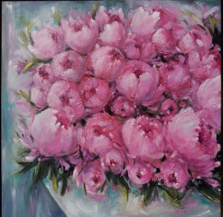 Pittura intitolato "pink peonies" da Julia Savytskas, Opera d'arte originale, Olio Montato su Telaio per barella in legno