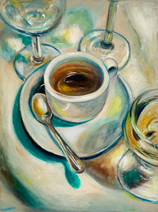 Pintura titulada "Late-night coffee" por Julia Shanaytsa, Obra de arte original, Oleo Montado en Bastidor de camilla de made…