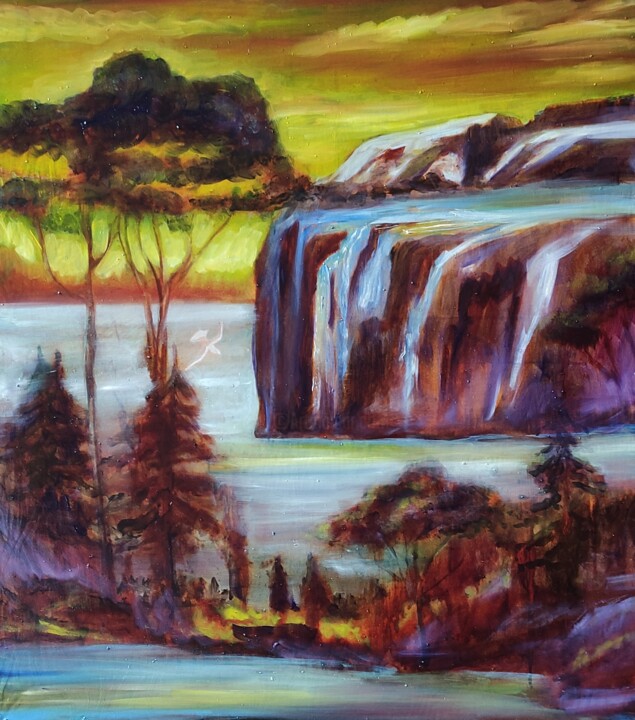 Ζωγραφική με τίτλο "The Waterfall in th…" από Julia Vedrina, Αυθεντικά έργα τέχνης, Λάδι Τοποθετήθηκε στο Ξύλινο φορείο σκελ…