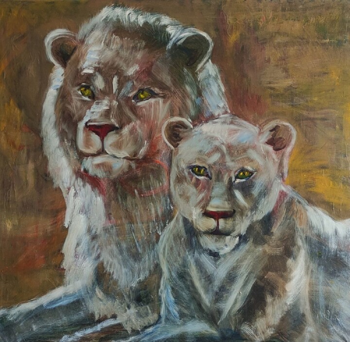 Картина под названием "White Lions" - Julia Vedrina, Подлинное произведение искусства, Масло