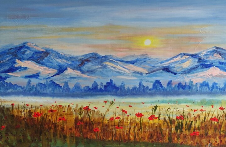 Painting titled "The Sunny Poppy Fie…" by Julia Vedrina, Original Artwork, Acrylic