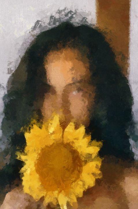 Картина под названием "Girl and sunflower" - Julia Yaseva, Подлинное произведение искусства, Масло