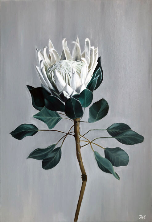 Painting titled "Magic protea" by Julia Zmeeva, Original Artwork, Oil Mounted on Wood Stretcher frame