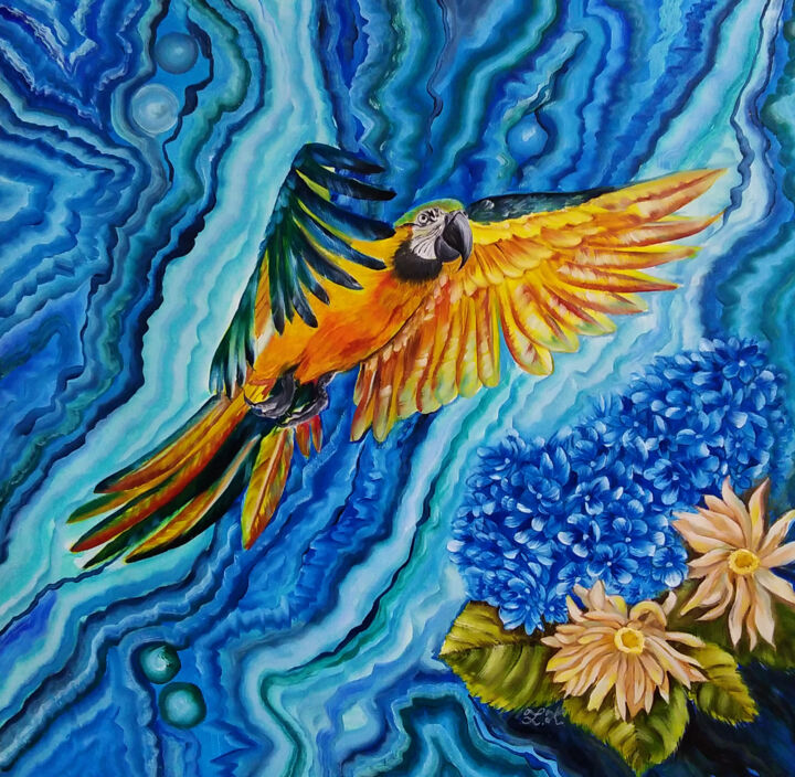 Painting titled "Macaw parrot and bl…" by Julia Crystal, Original Artwork, Oil