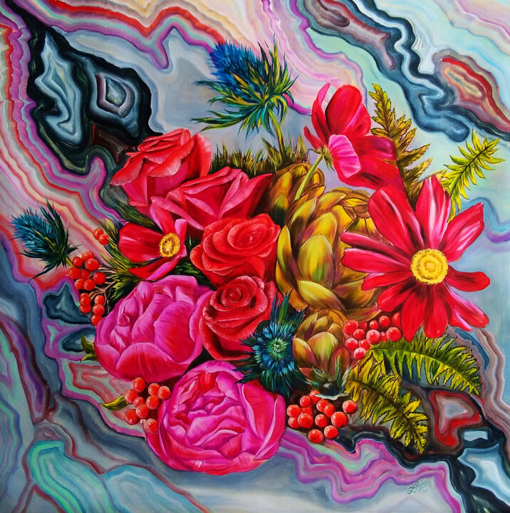 Картина под названием "Red love. Bouquet w…" - Julia Crystal, Подлинное произведение искусства, Масло