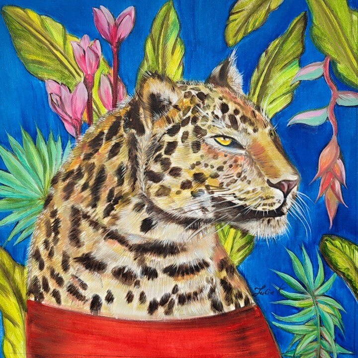 Painting titled "Leopard in the jung…" by Julia Crystal, Original Artwork, Oil Mounted on Wood Stretcher frame