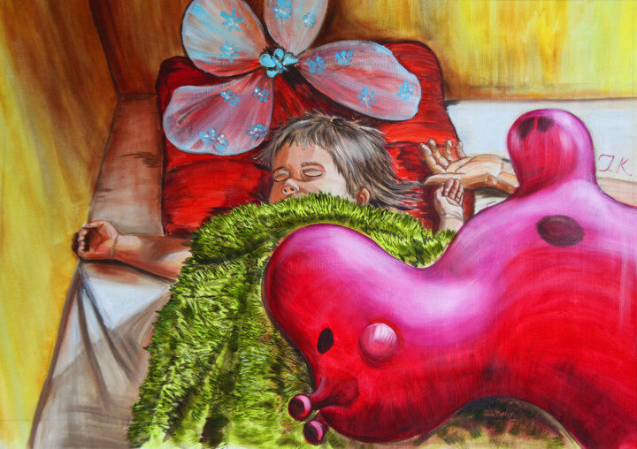 Painting titled "The baby is sleepin…" by Julia Crystal, Original Artwork, Oil Mounted on Wood Stretcher frame