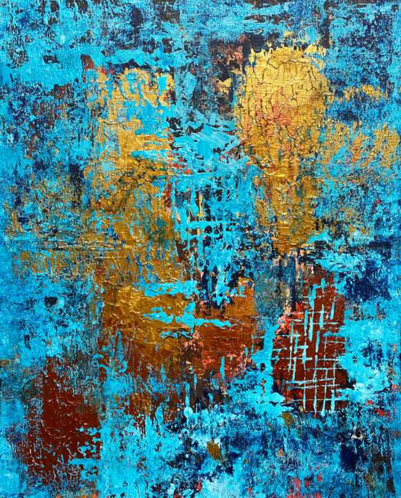 Gold paint over bright blue canvas texture