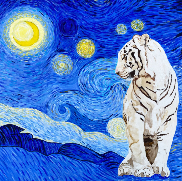 Painting titled "TIGER IN THE STARRY…" by Julia Good, Original Artwork, Oil