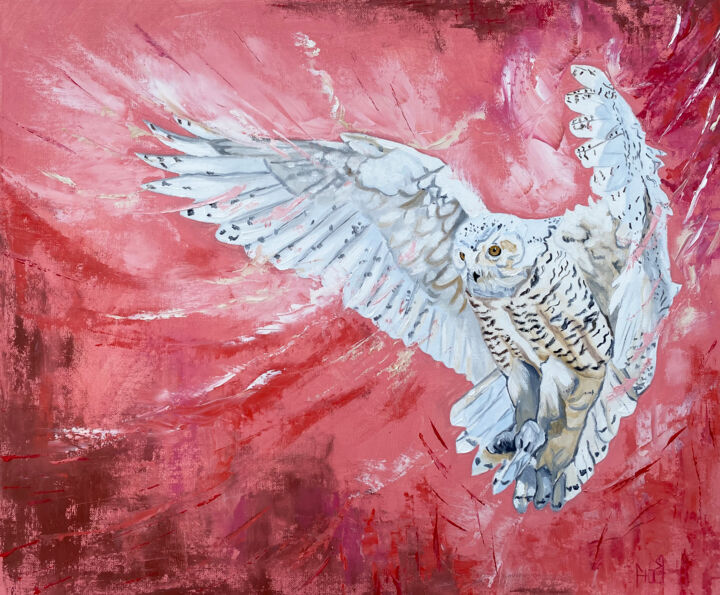 Painting titled "OWL FLYING- oil pai…" by Julia Good, Original Artwork, Oil