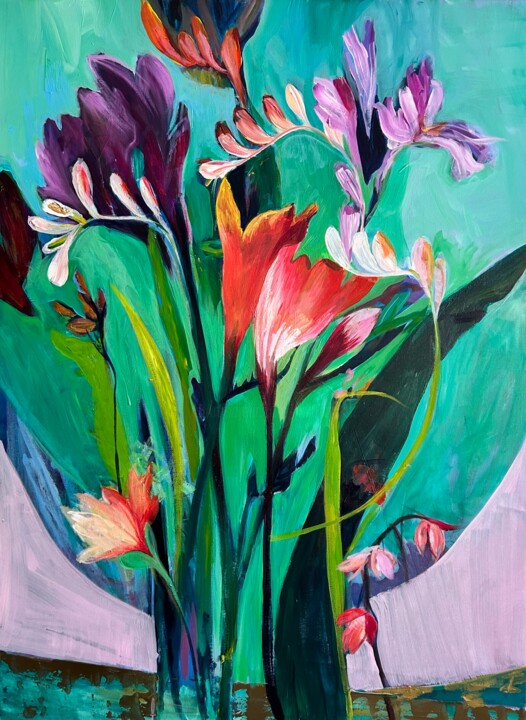 Painting titled "Floral Joy.1" by Julia Hacker, Original Artwork, Acrylic Mounted on Wood Stretcher frame