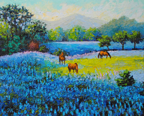 Painting titled "Bluebonnets of Texa…" by Julia Herrero-Utiasheva, Original Artwork, Oil