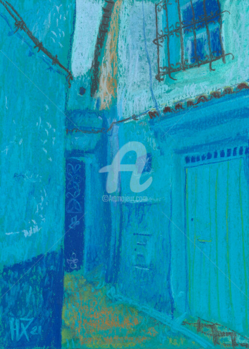 Pittura intitolato "Blue Street, Chefch…" da Julia Khoroshikh, Opera d'arte originale, Pastello