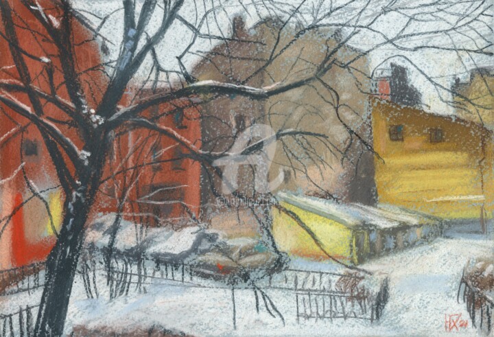 Painting titled "Winter Courtyard in…" by Julia Khoroshikh, Original Artwork, Pastel