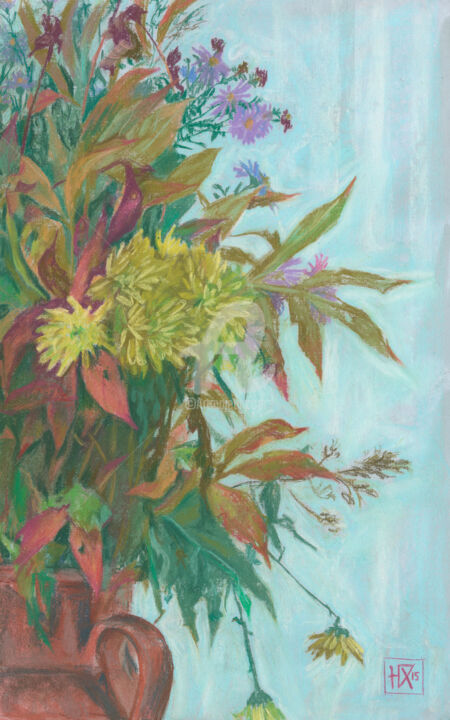 Painting titled "Bouquet with Сhrysa…" by Julia Khoroshikh, Original Artwork, Pastel