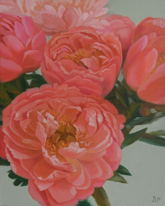 Malarstwo zatytułowany „Peach Peonies” autorstwa Julia Logunova, Oryginalna praca, Olej