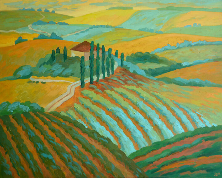 Pintura intitulada "Vineyards of Tuscan…" por Julia Logunova, Obras de arte originais, Óleo