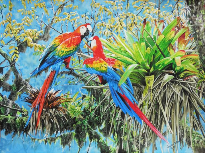 Painting titled "Scarlet Macaws and…" by Julian Wheat, Original Artwork, Acrylic