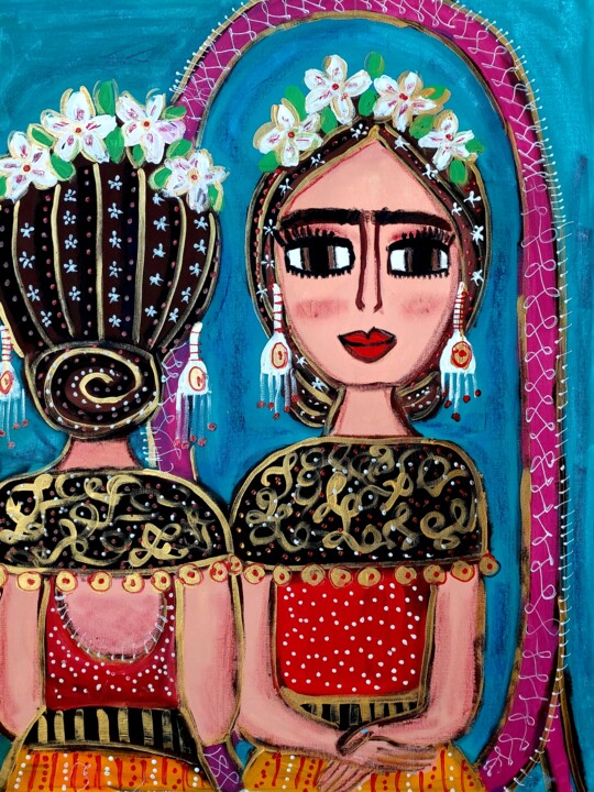 Painting titled "Frida no espelho" by Juliana Rabelo Arte Naif, Original Artwork, Acrylic