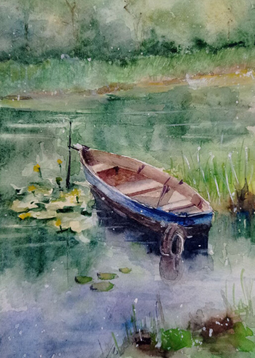 Painting titled "Old pond" by Juliaresha, Original Artwork, Watercolor
